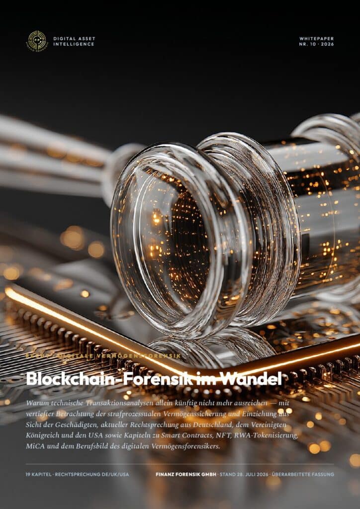 Close-up of glass tubes on a circuit board with warm orange lights, cover of the Blockchain-Forensik im Wandel whitepaper