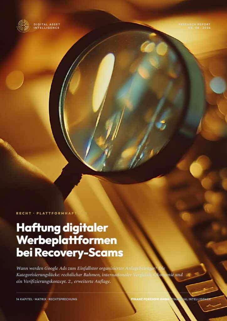 Close-up of a magnifying glass over a keyboard, on a German finance magazine cover about digital liability and recovery scams.