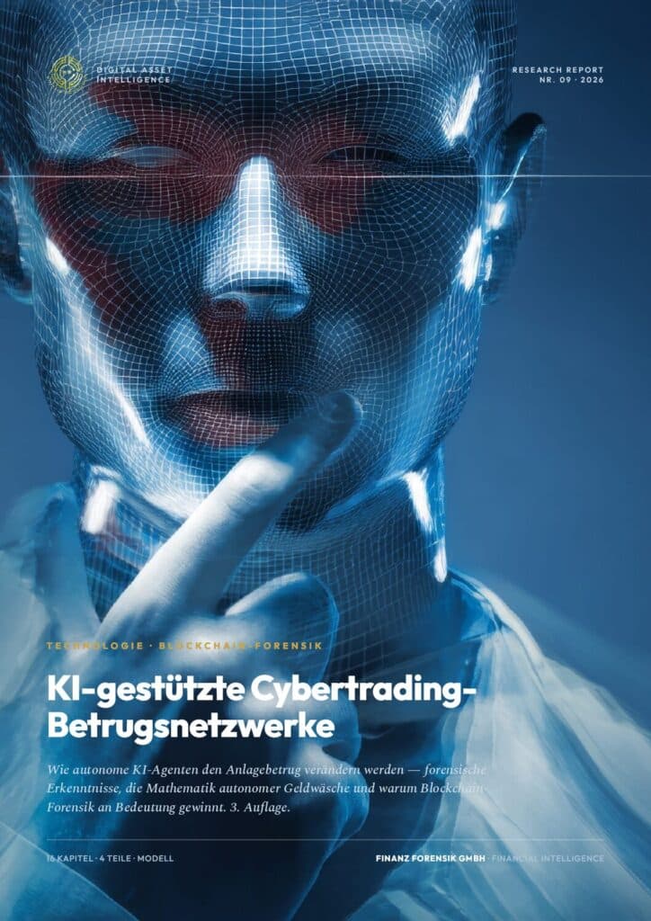 Magazine cover with a blue-tinted digital mesh face and a finger on the lips; headline reads 'KI-gestützte Cybertrading-Betrugsnetzwerke'.