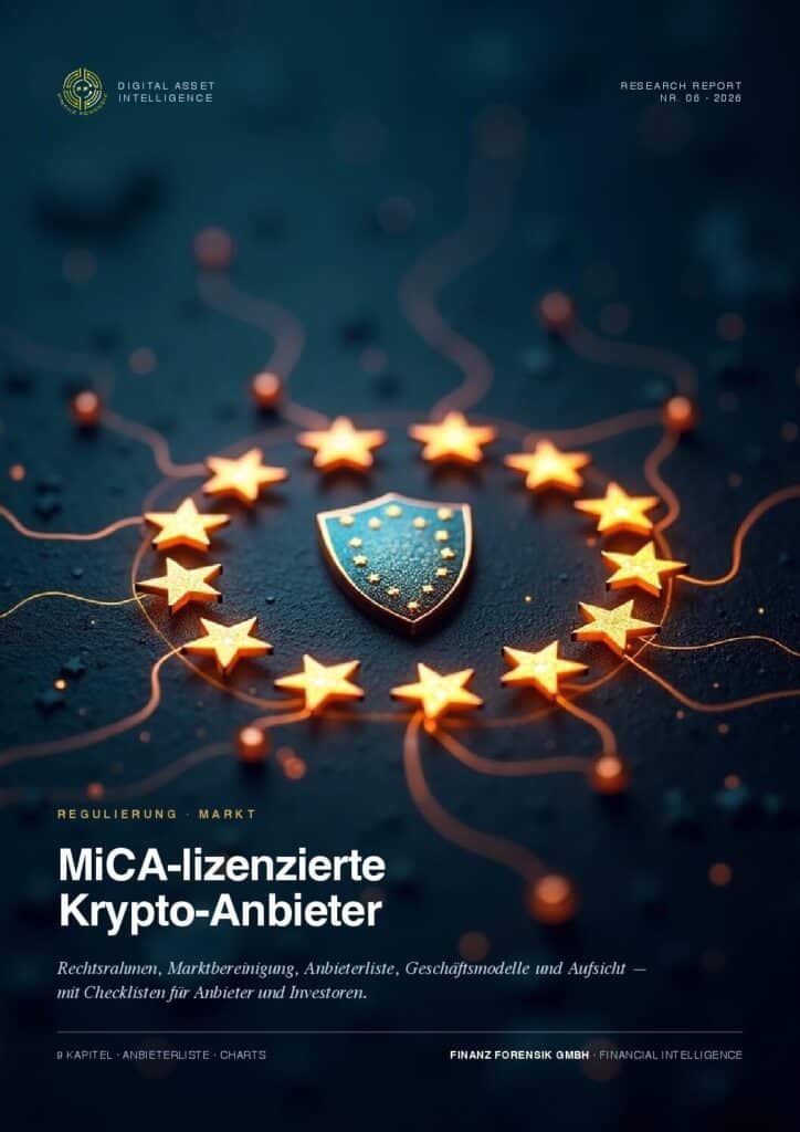 Omslag van een onderzoeksrapport: 'MiCA-gelicentieerde crypto-aanbieders' met een schildembleem omringd door gouden sterren op een donkerblauwe achtergrond.