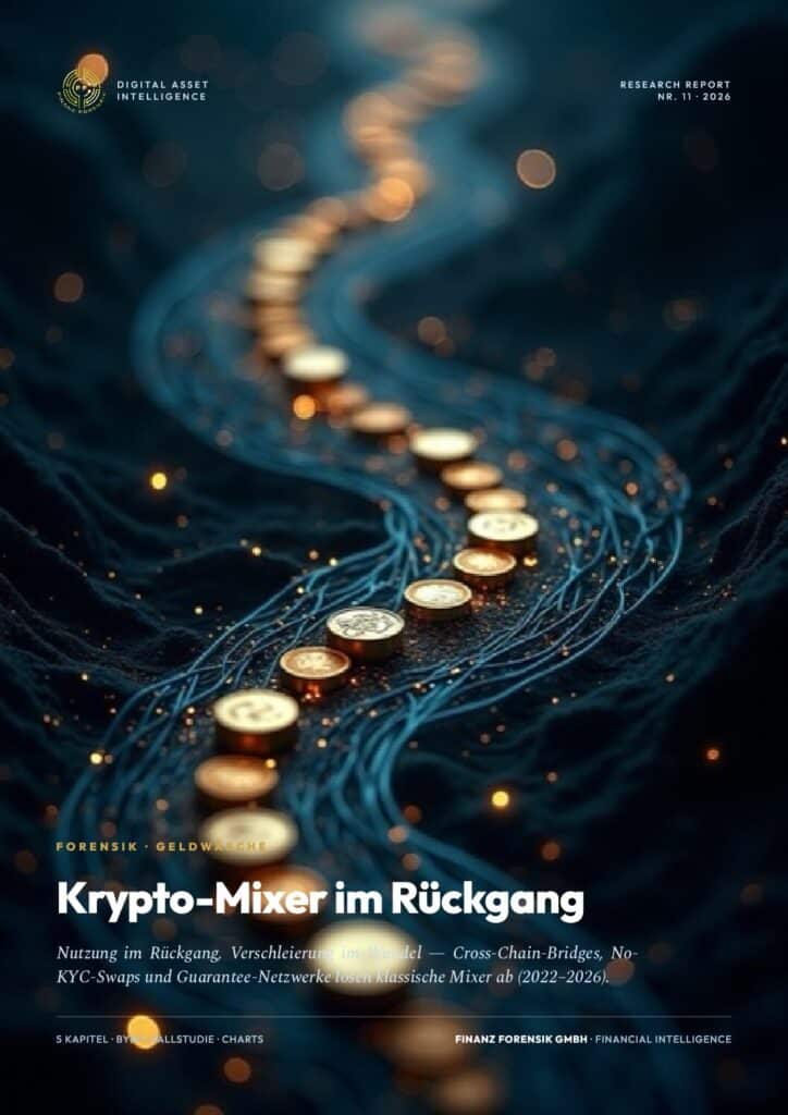 Cover image: a winding line of blue wires with gold coins along it, over a dark, blurred background; title 'Krypto-Mixer im Rückgang' appears at the bottom.