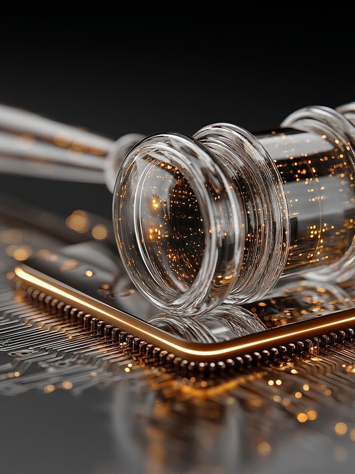 Glass vial resting on a glowing circuit board, reflections spark on the glass with warm orange lights in a high-tech scene.