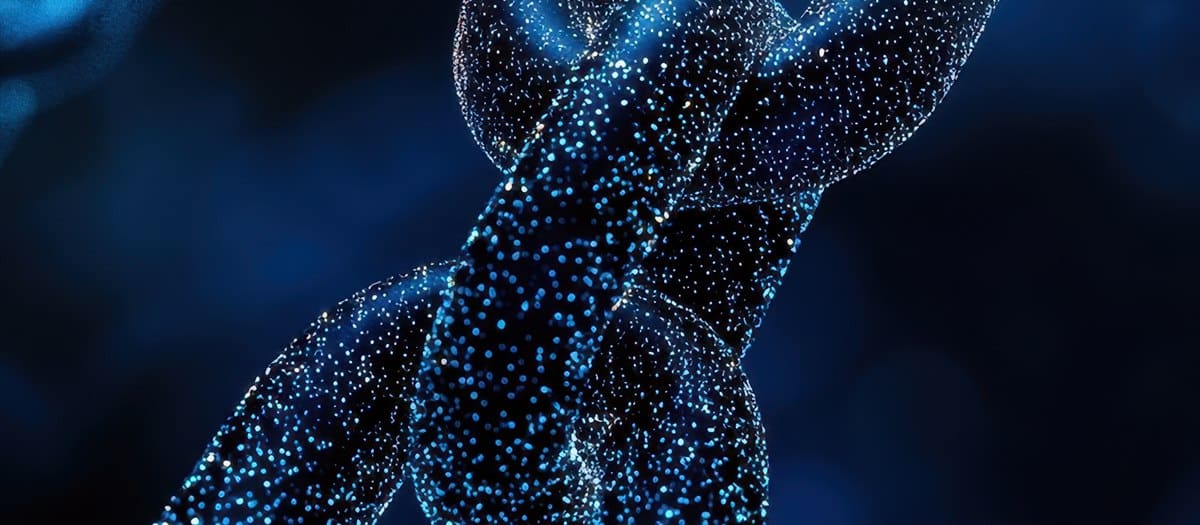 Close-up of a glowing blue, dotted molecular chain twisting against a dark background (resembles DNA or protein).