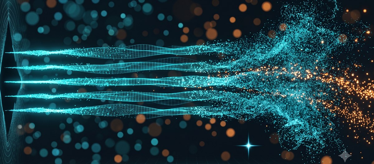 Abstracte datastroom: blauwe gloeiende lijnen die vanuit een bron aan de linkerkant stromen en aan de rechterkant uiteenvallen in oranje deeltjes, wat de gegevensoverdracht symboliseert.