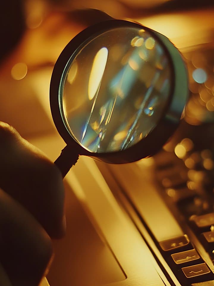 Close-up of a hand with a magnifying glass over a laptop keyboard, suggesting investigation or data analysis in warm lighting.