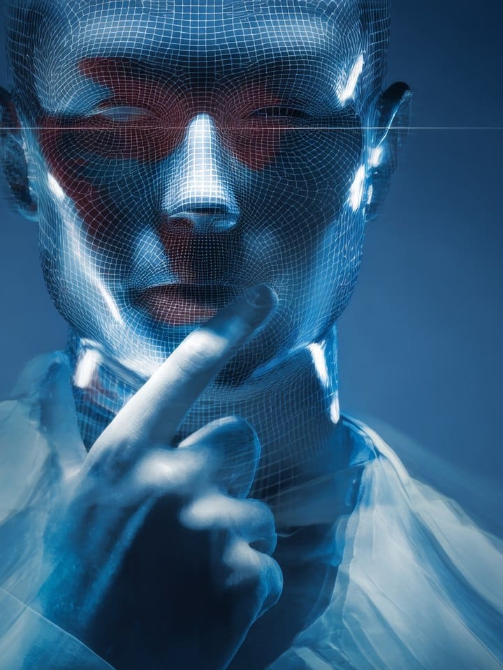 Concept illustration of AI thinking: a person with a blue wireframe face and finger on the chin.