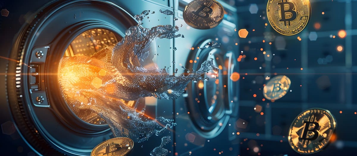 Digital glowing hand made of particles emerges from a vault door as Bitcoin coins float around, symbolizing crypto security and digital assets.