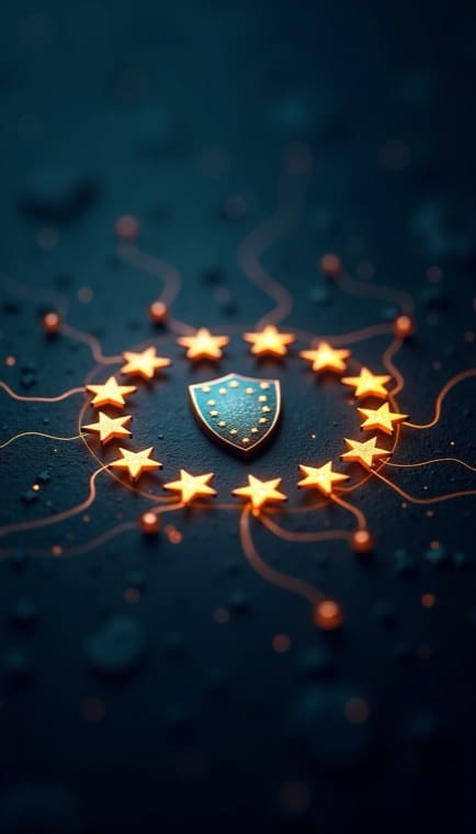 Circular ring of glowing orange stars around a blue EU-style shield on a dark, blurred background