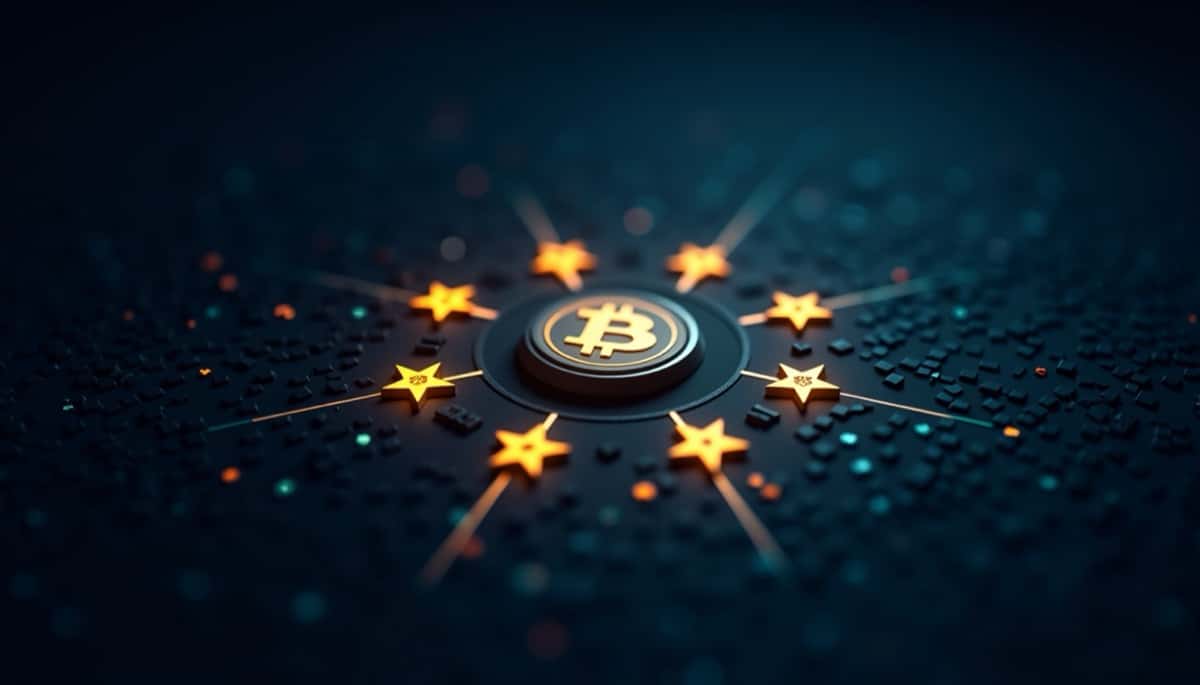 Bitcoin symbol at the center with glowing star icons arranged around it in a dark, futuristic background.