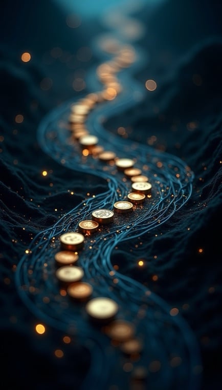 A winding line of golden coins laid along glowing blue threads against a dark, blurred background, suggesting money flow.