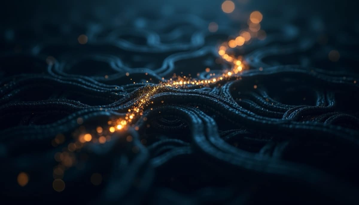 Abstract dark blue network of wavy strands with a glowing orange data trail flowing through.