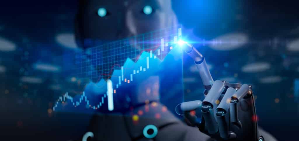 Robotic hand interacting with a glowing holographic stock chart and data grid in blue.