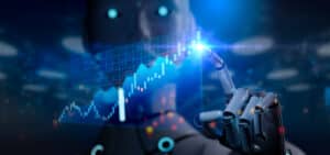 Robotic hand interacting with a glowing holographic stock chart and data grid in blue.