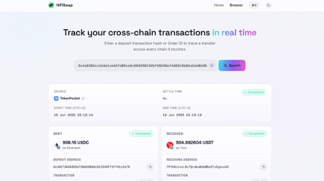 HiFiSwap-Transaktionssuche: Ergebnisansicht eines Cross-Chain-Swaps mit den Blöcken Sent (USDC auf Ethereum) und Received (USDT auf Tron)